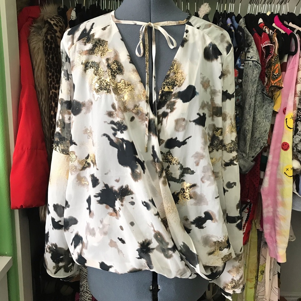 Kenneth Cole White Sheer Wrap Flounce Blouse
